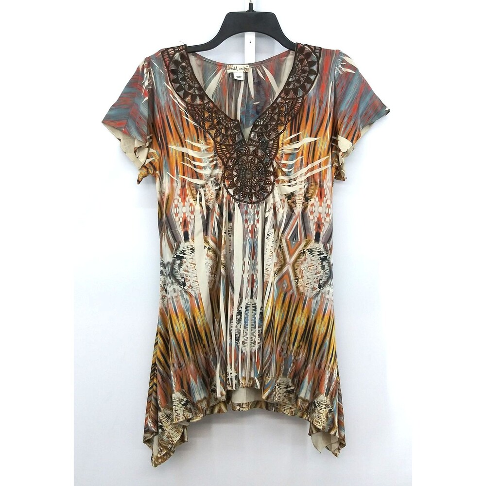 World Unity Tunic Top Womens Medium Multicolor Boho Embroidered Flowy Fringe